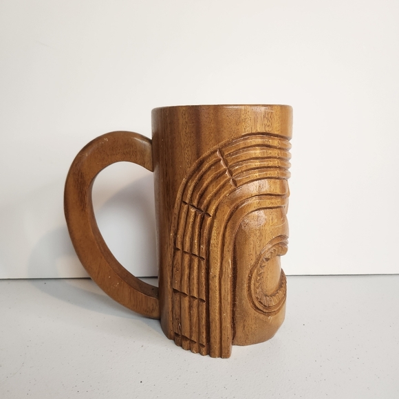 Vintage Huge Carved Wooden Tiki Mug Large Handle Monkey Pod Wood Barware Stein - Picture 5 of 11